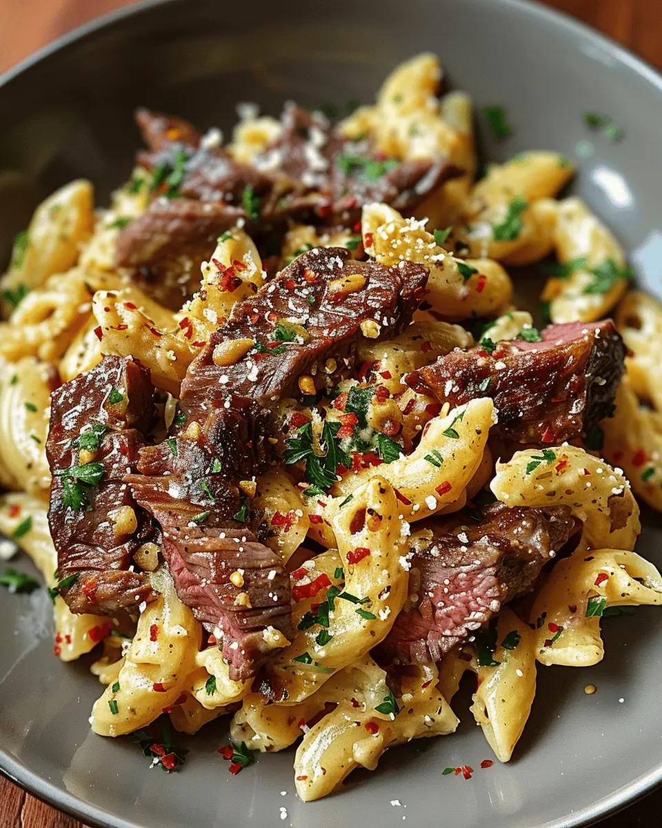 One Pot Creamy Spicy Garlic Butter Steak Pasta