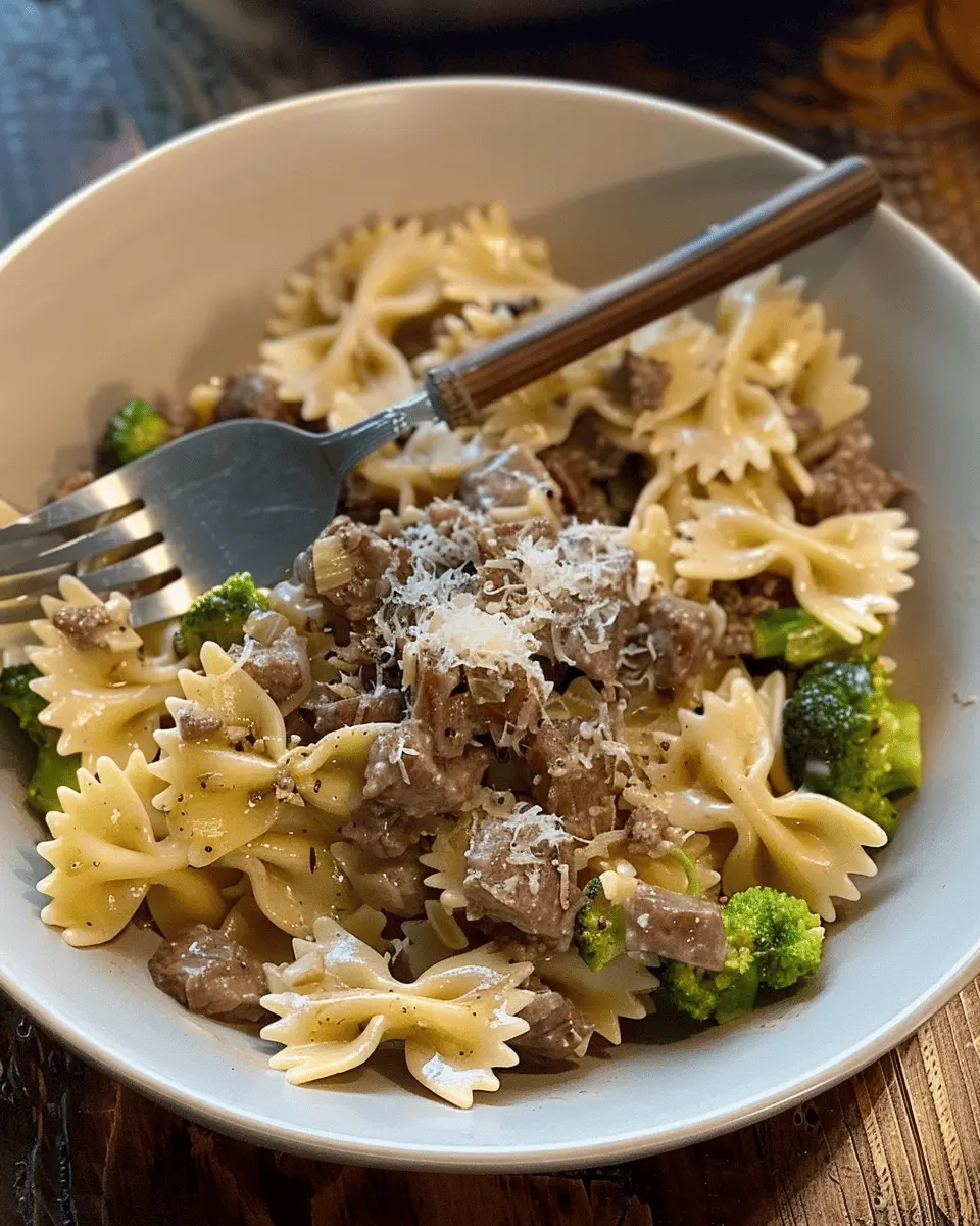 Creamy Parmesan Garlic Beef Bowtie Pasta