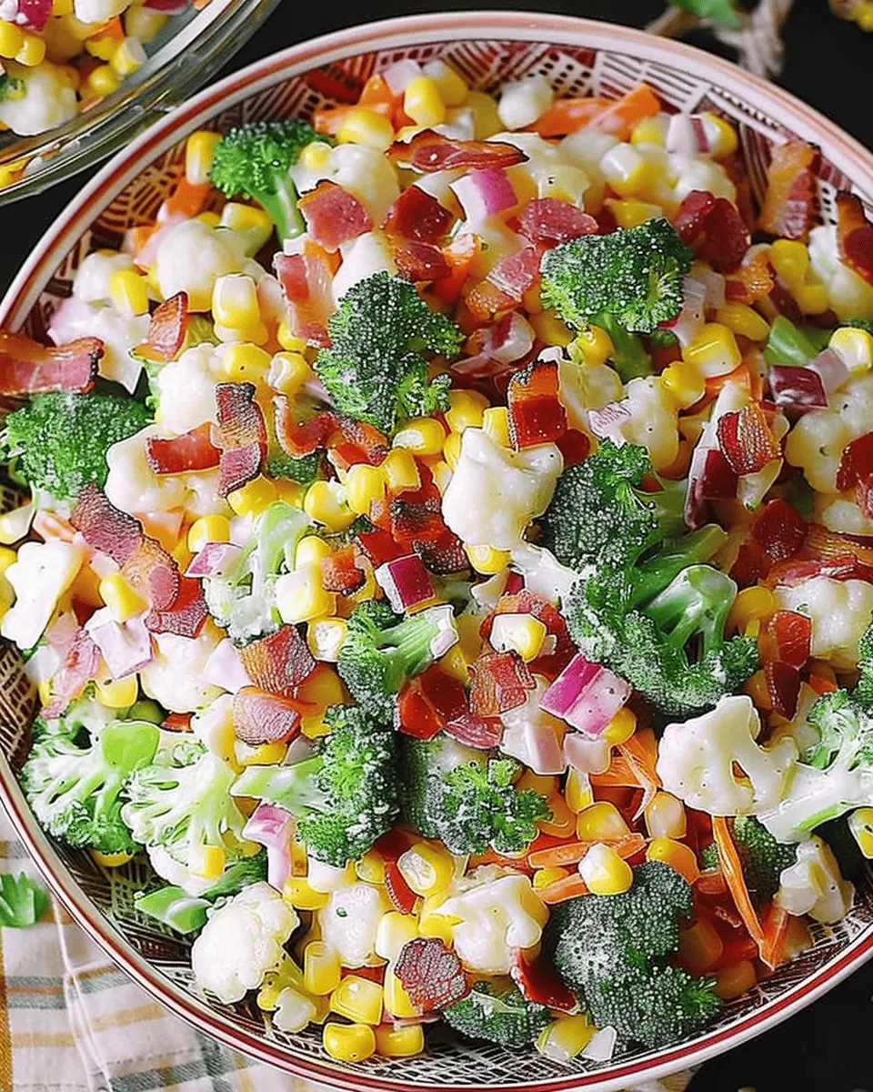 Creamy Broccoli, Cauliflower, Corn, Turkey Bacon Salad Delight