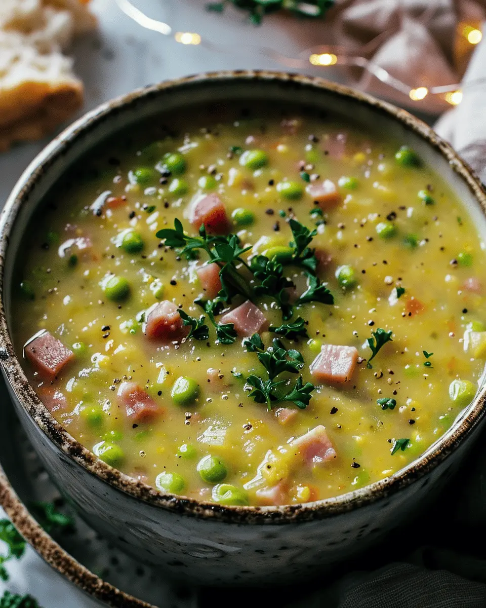 easy soup recipes: Comforting Split Pea and Chicken Ham Soup