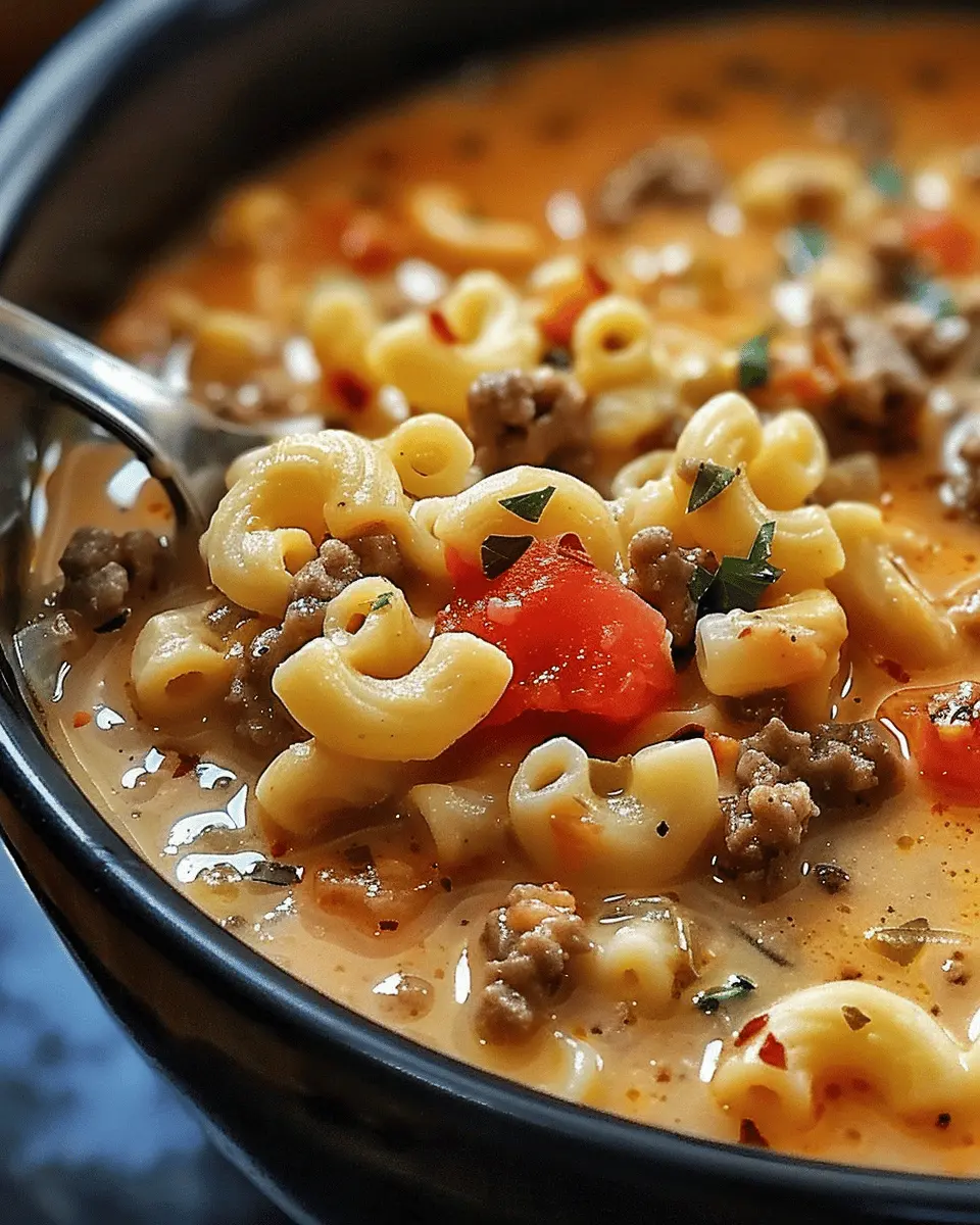 easy soup recipes: Indulgent One-Pot Macaroni Cheeseburger Soup with Turkey Bacon