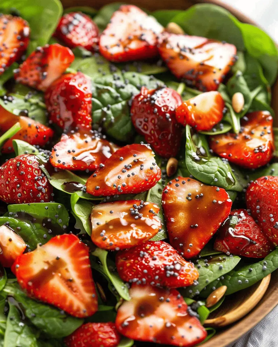 Delicious Salad Recipes: Fresh Spinach Strawberry Salad with Turkey Bacon and Balsamic Poppy Seed Dressing
