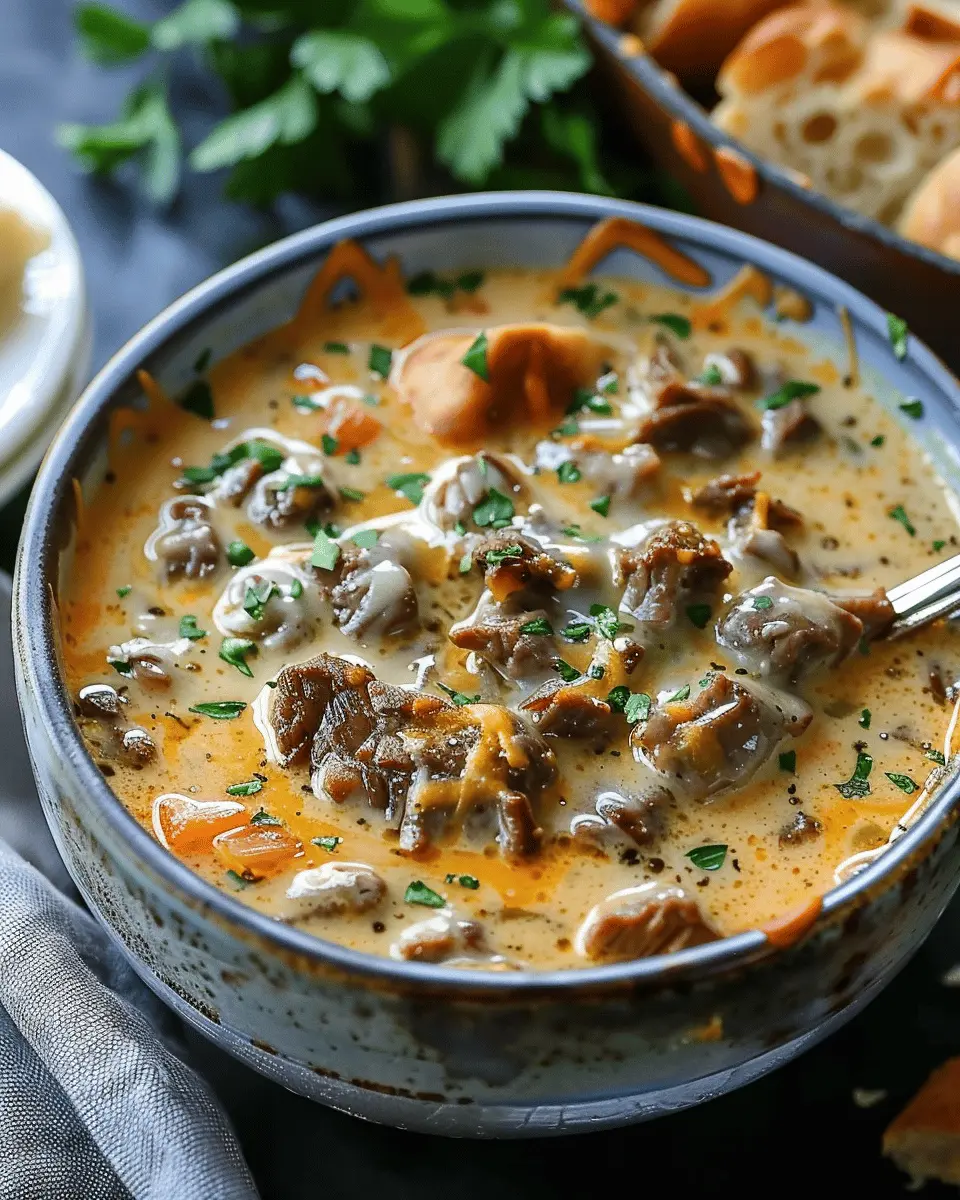 Easy Soup Recipes: Indulgent Philly Cheese Steak Soup with Turkey Bacon