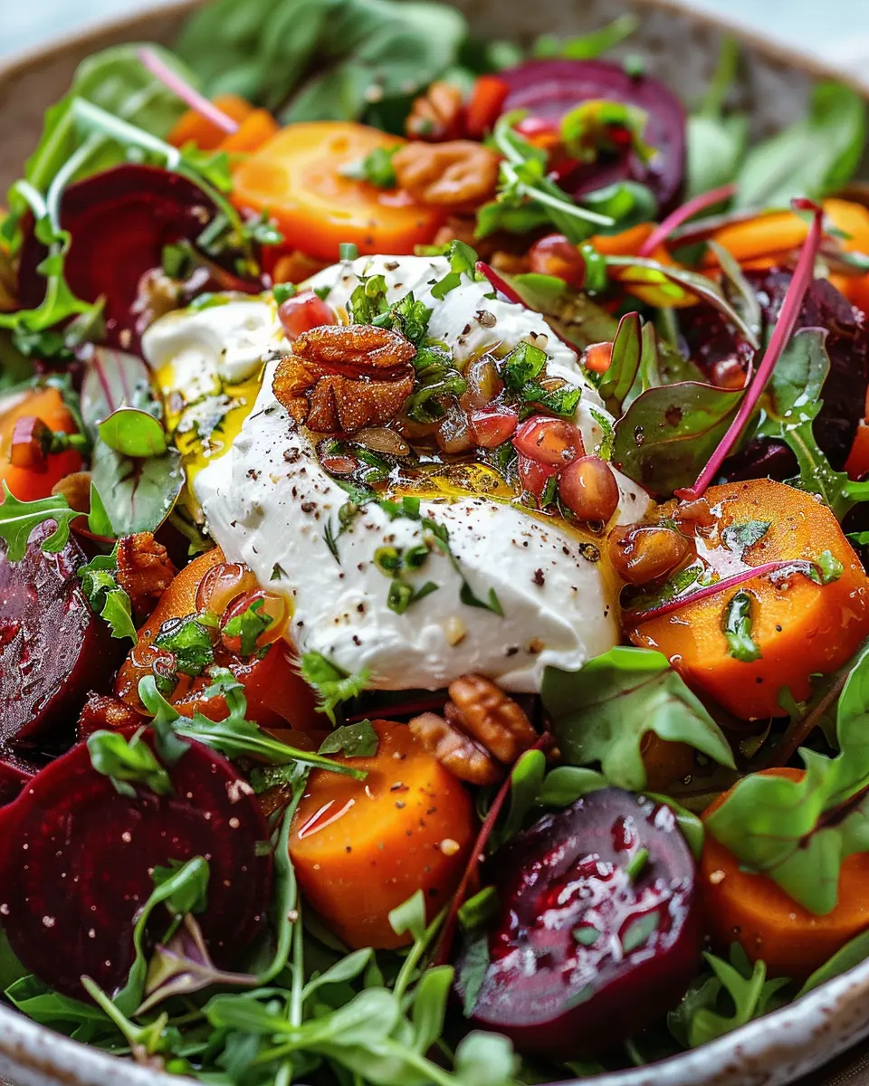 Delicious Salad Recipes Ideas: Easy Roasted Beet and Carrot Salad with Burrata