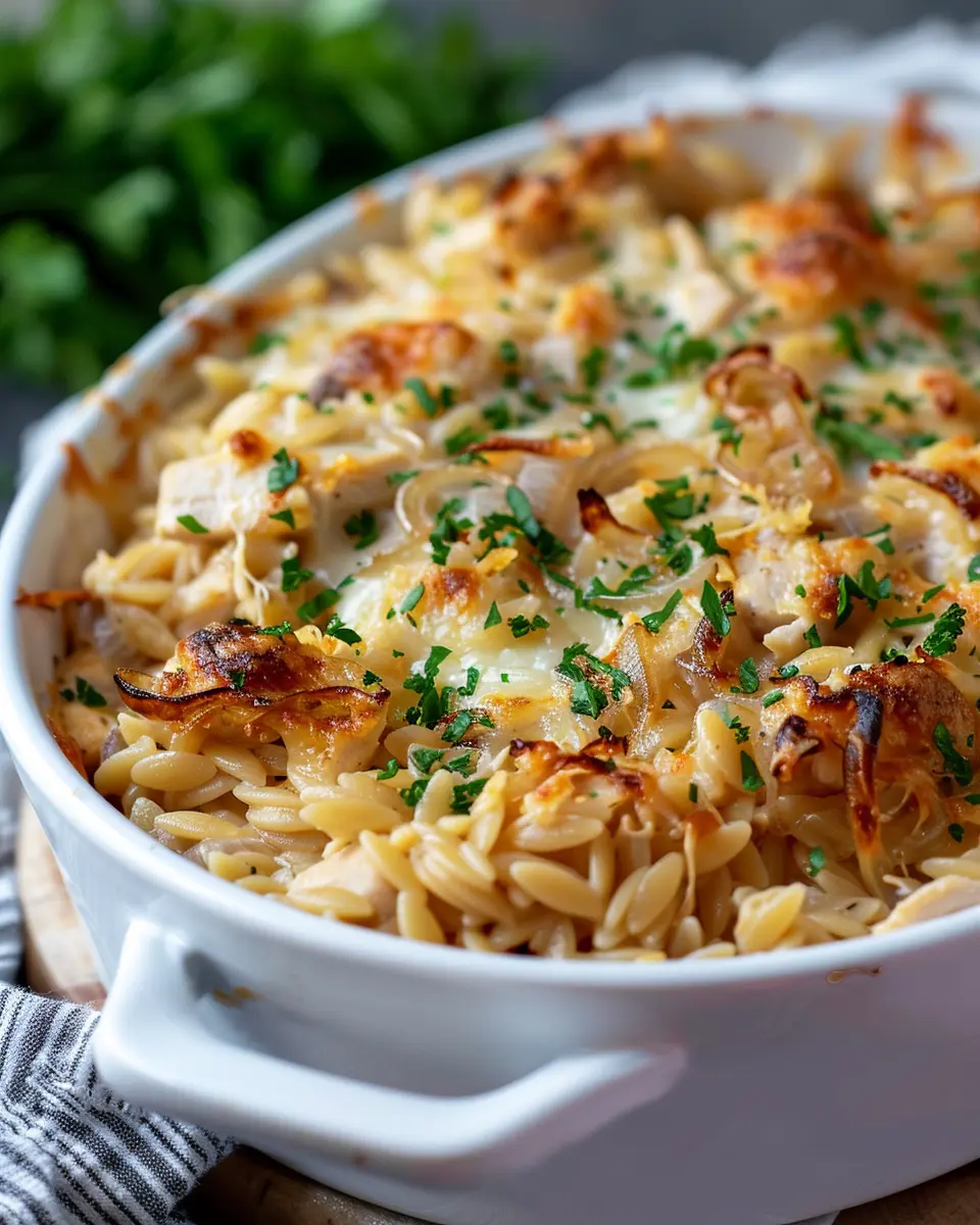 French Onion Chicken Orzo Casserole with Turkey Bacon Delight