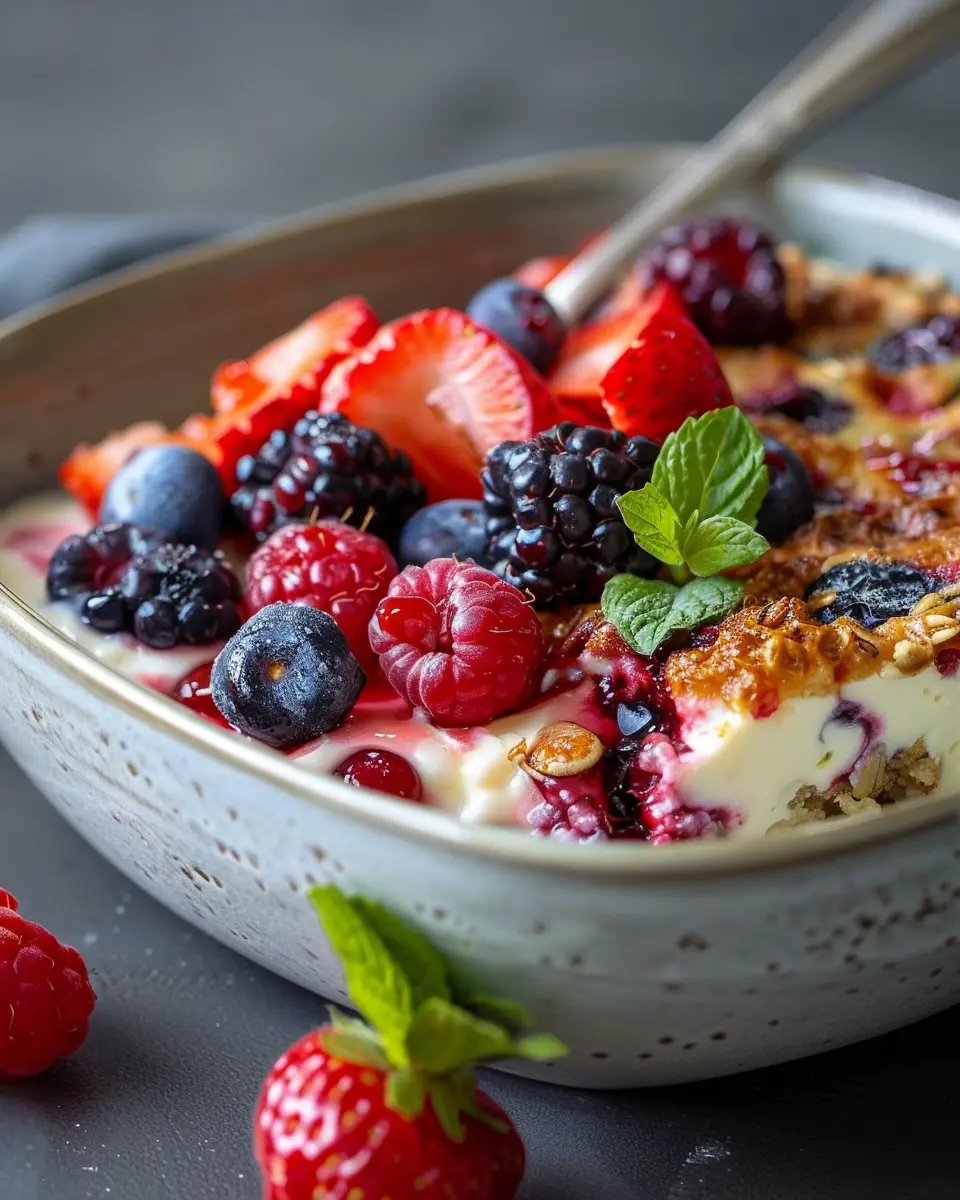Breakfast Bowl Recipes: High Protein Berry Bake with Turkey Bacon