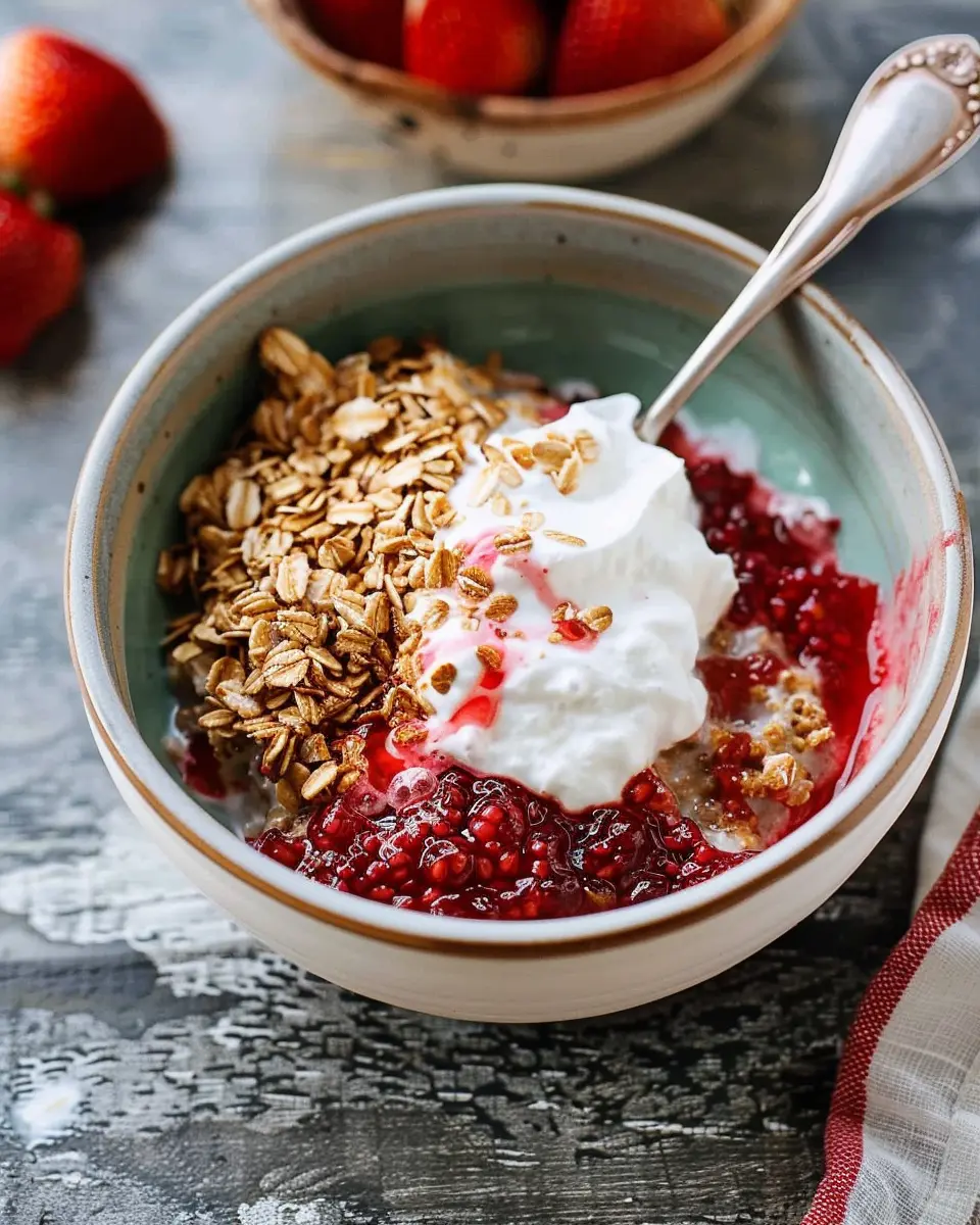 breakfast bowl recipes: Indulgent Toasted Oatmeal with Strawberry Chia Jam