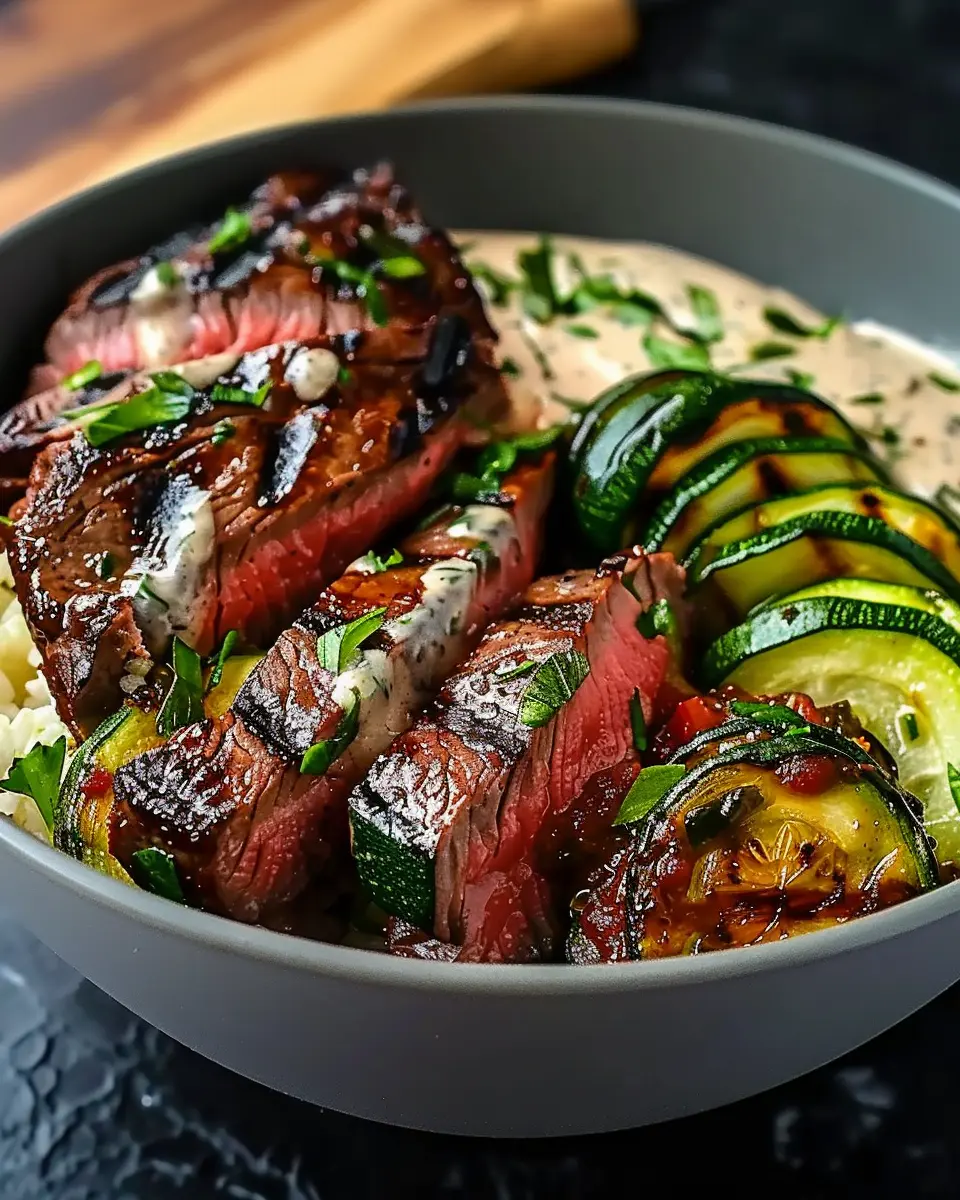 Grilled Steak Bowl with Sauce: Juicy Delight with Grilled Zucchini