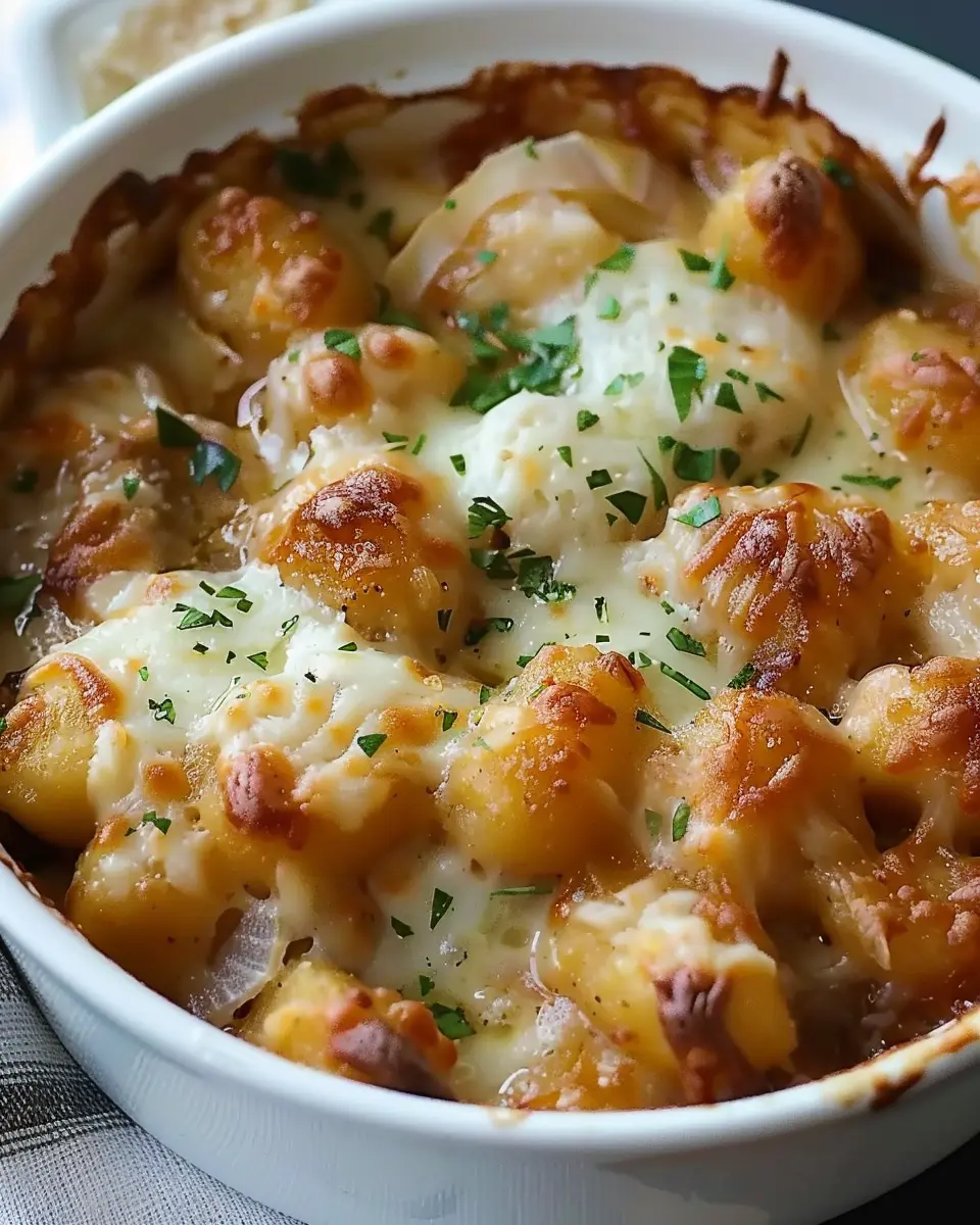 Simple Baked French Onion Gnocchi: Cozy Comfort Food with Turkey Bacon and Chicken Ham